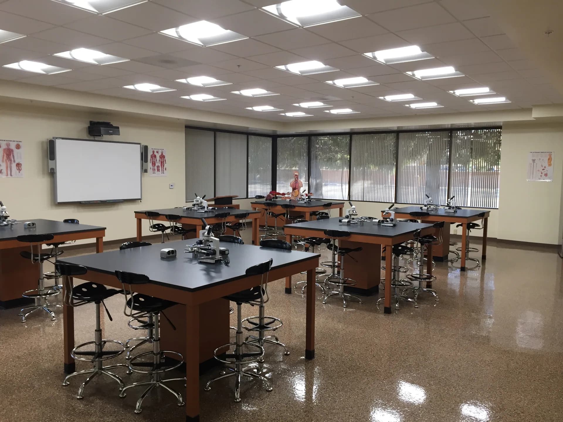 Lab tables, microscopes, and classroom equipment inside CCI Lancaster.