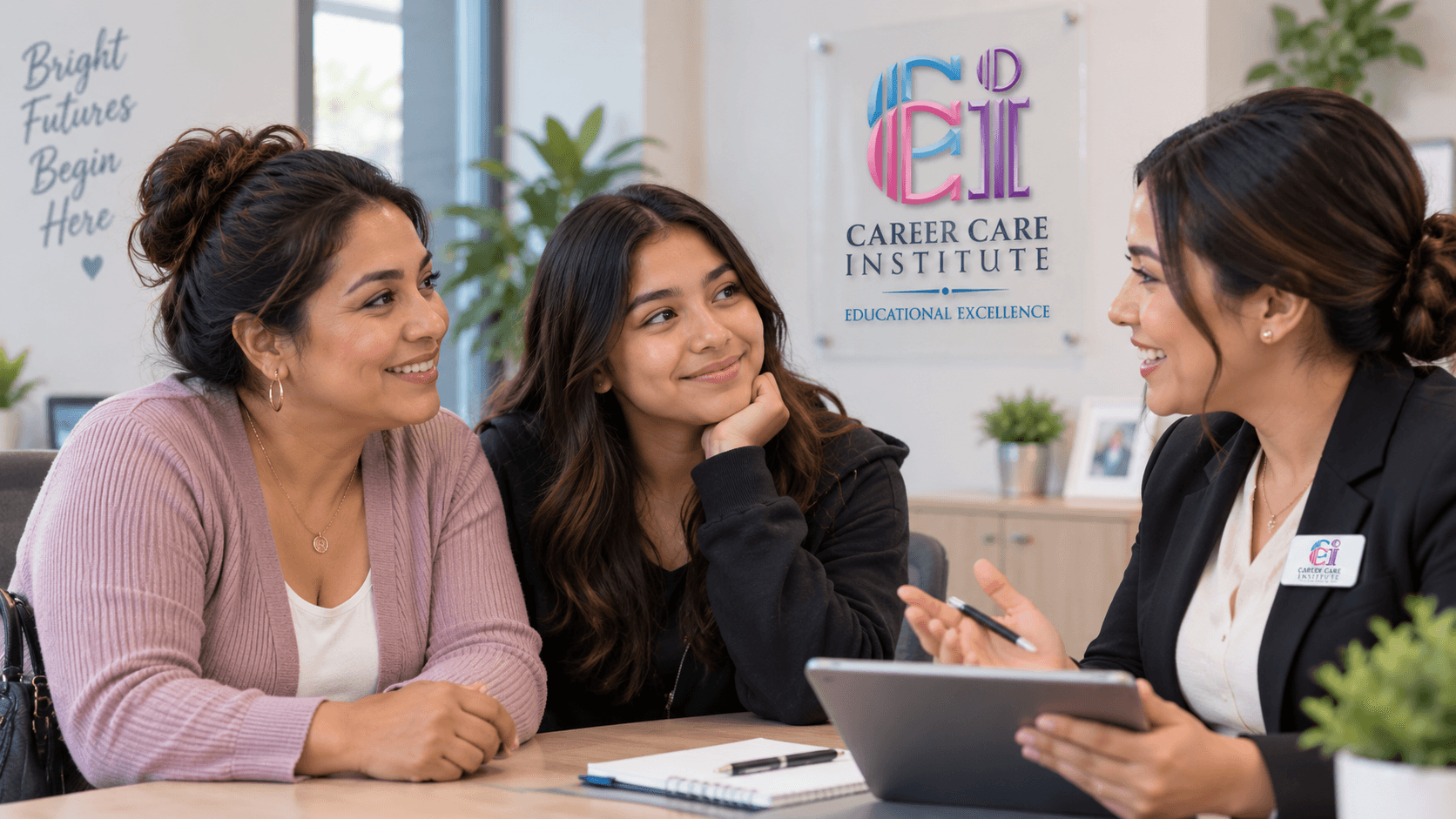 A prospective CCI student and family member speaking with an admissions advisor